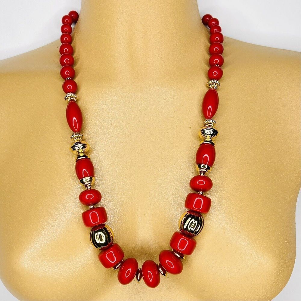 Vintage Chunky Necklace Lucite Red Gold Tone Beads Beaded Early Plastic 4256